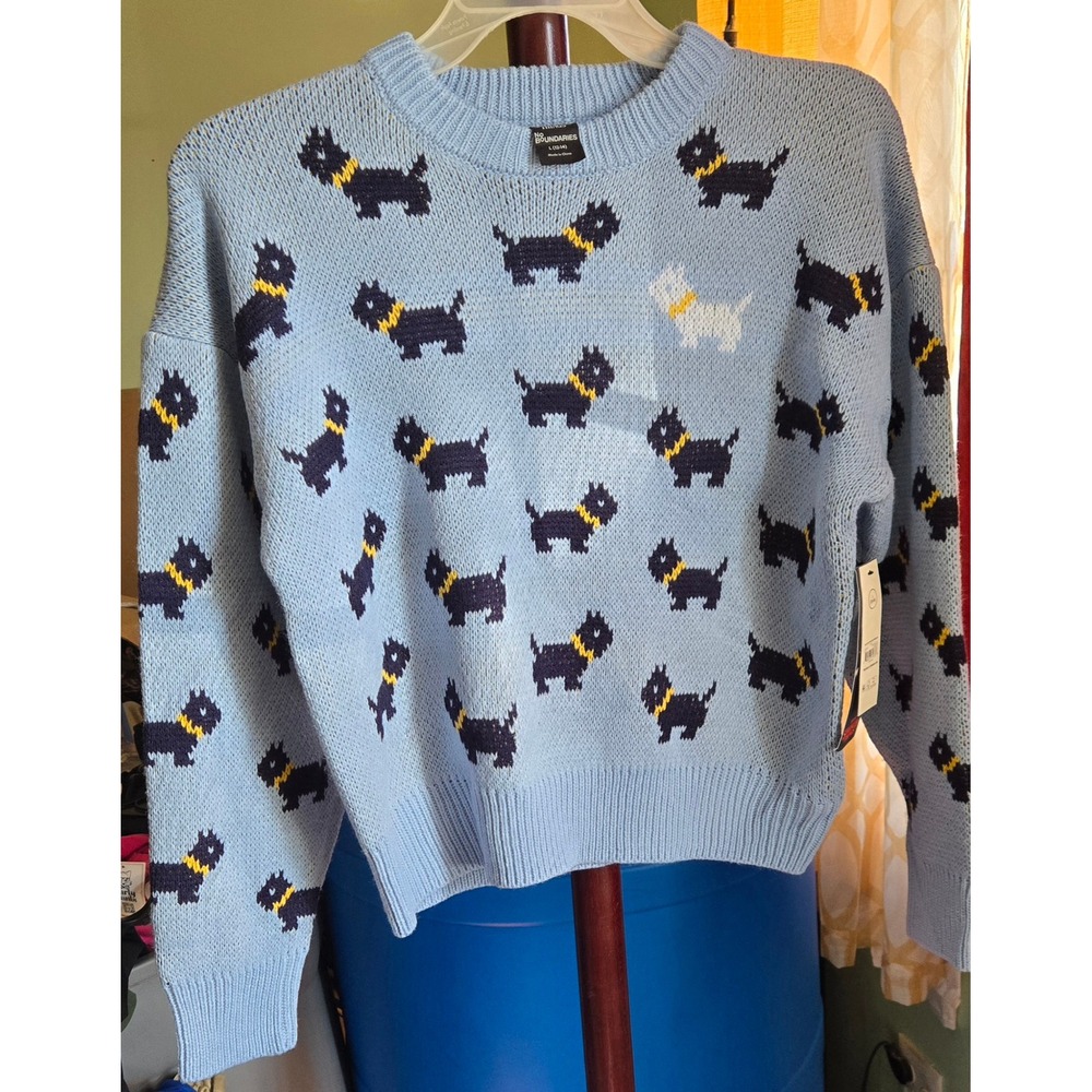 Stranger Things No Boundaries Scottie Dog Sweater Blue Knit Crewneck L 12-14 NEW